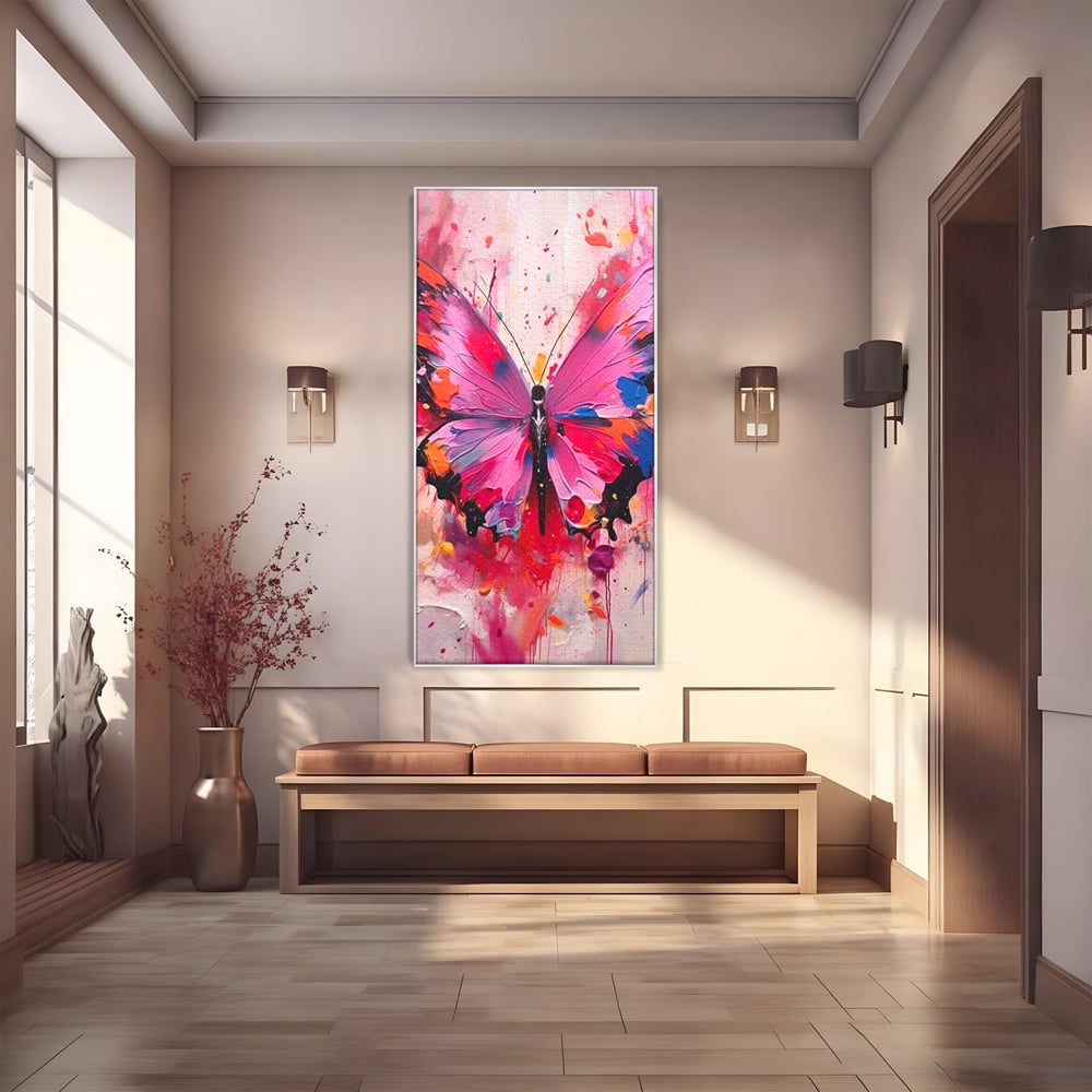 Tablou canvas cu pictura digitala cu fluture roz, in rama de aluminiu argintiu